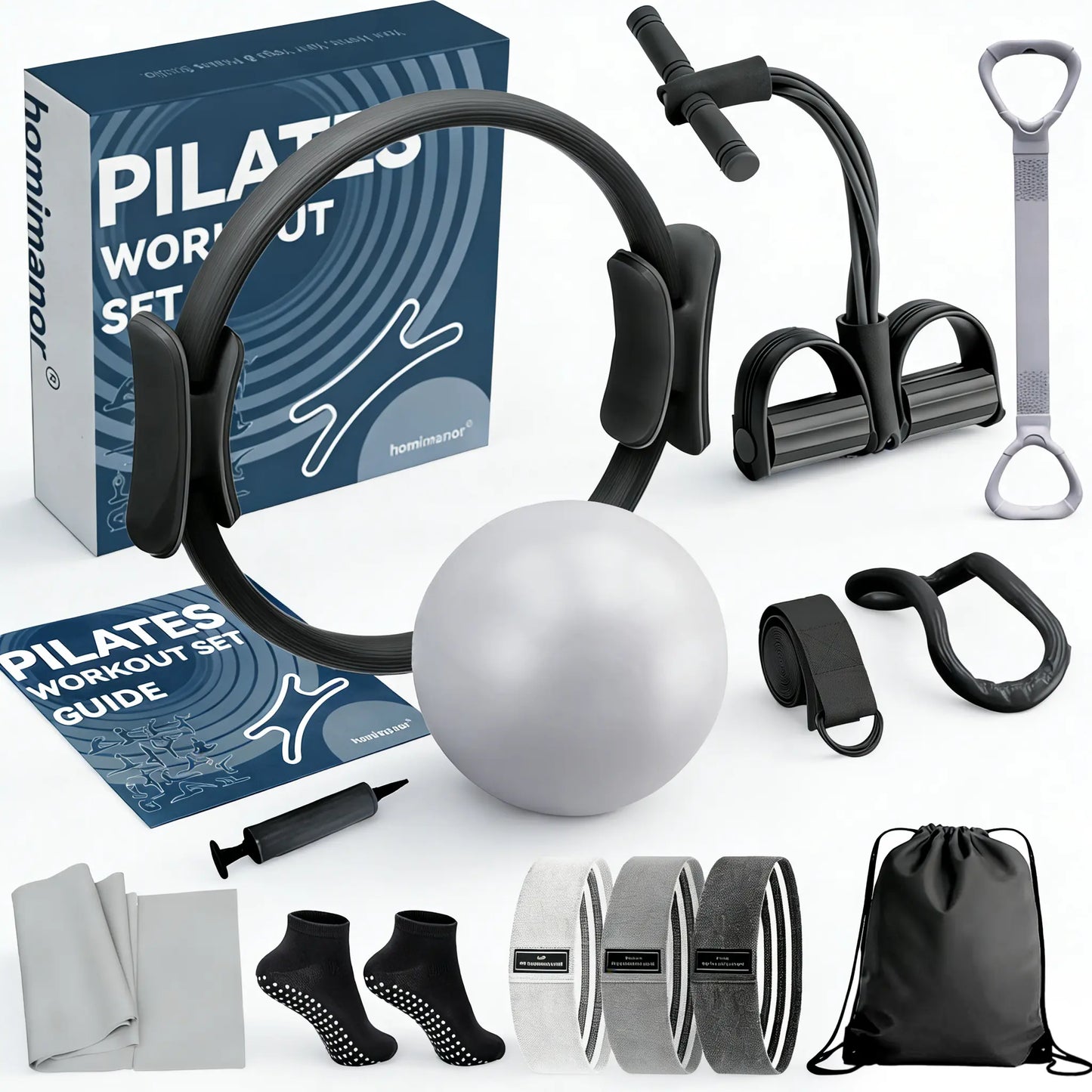 Homimanor Pilates Ring Set for Women Home Workout, Pilates Equipment Set for Beginners with 15'' Magic Circle, 9.8" Yoga Ball and Resistance Bands, Pilates Kit for Full Body Toning