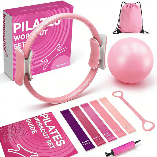 Homimanor Pilates Ring Set for Women Home Workout, Pilates Equipment Set for Beginners with 15'' Magic Circle, 9.8" Yoga Ball and Resistance Bands, Pilates Kit for Full Body Toning