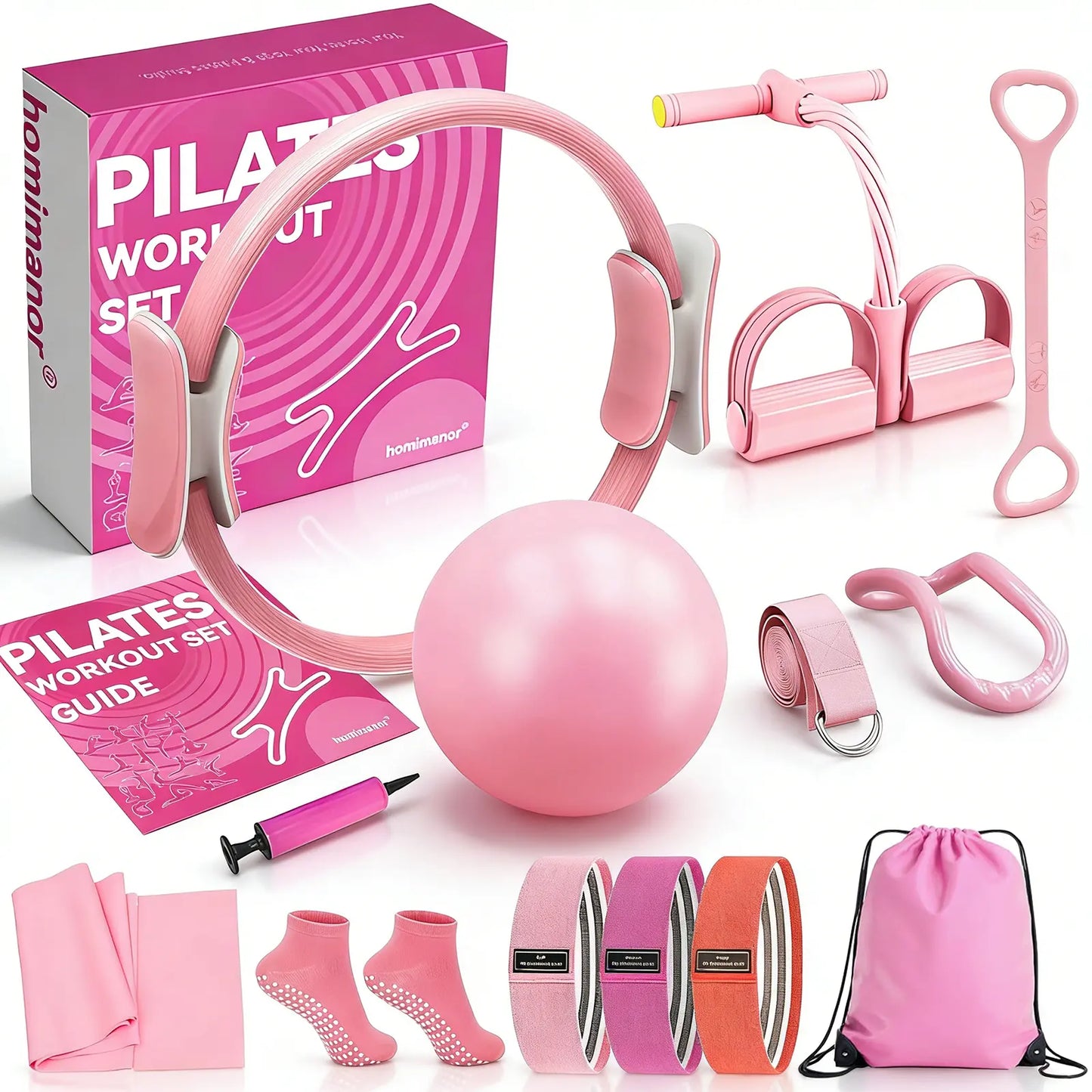 Homimanor Pilates Ring Set for Women Home Workout, Pilates Equipment Set for Beginners with 15'' Magic Circle, 9.8" Yoga Ball and Resistance Bands, Pilates Kit for Full Body Toning
