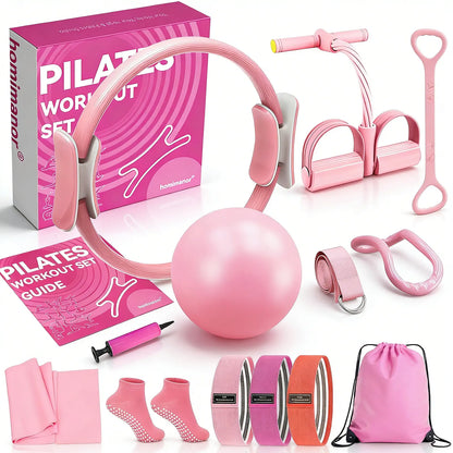 Homimanor Pilates Ring Set for Women Home Workout, Pilates Equipment Set for Beginners with 15'' Magic Circle, 9.8" Yoga Ball and Resistance Bands, Pilates Kit for Full Body Toning