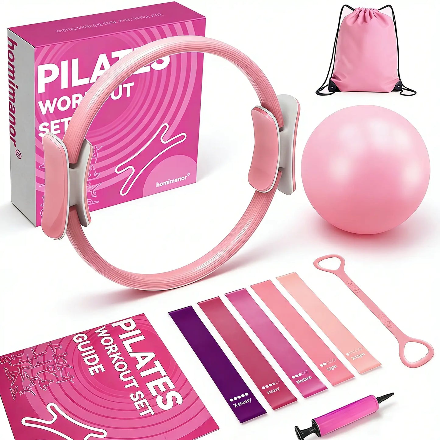Homimanor Pilates Ring Set for Women Home Workout, Pilates Equipment Set for Beginners with 15'' Magic Circle, 9.8" Yoga Ball and Resistance Bands, Pilates Kit for Full Body Toning