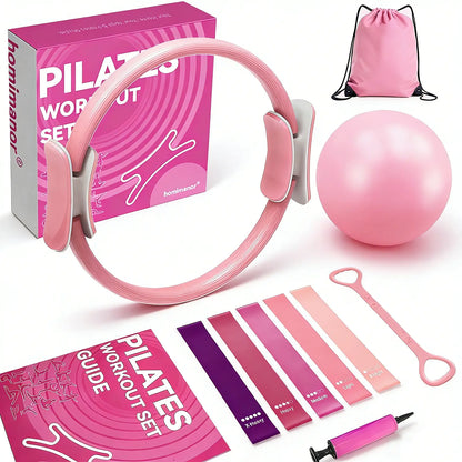 Homimanor Pilates Ring Set for Women Home Workout, Pilates Equipment Set for Beginners with 15'' Magic Circle, 9.8" Yoga Ball and Resistance Bands, Pilates Kit for Full Body Toning