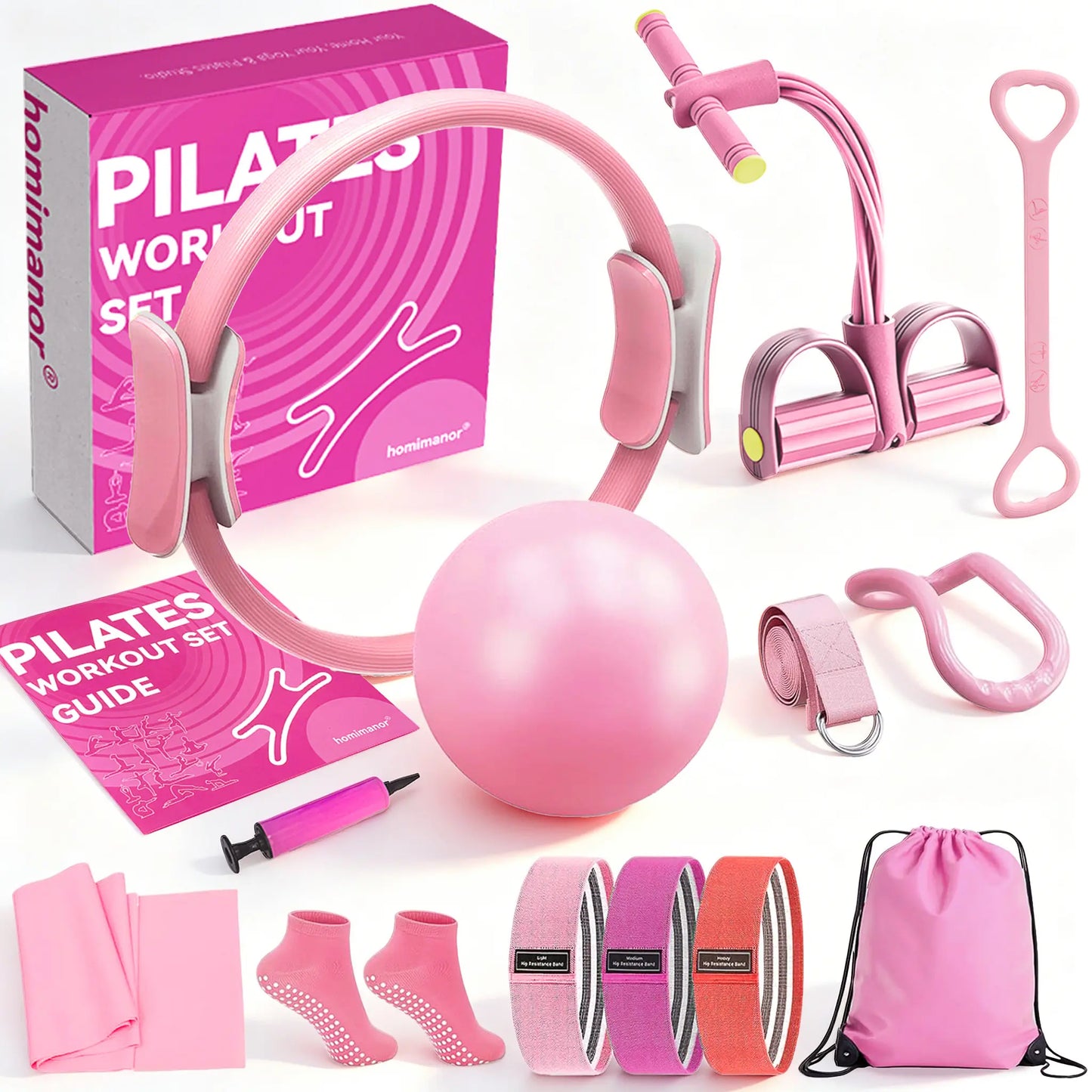 Homimanor Pilates Ring Set for Women Home Workout, Pilates Equipment Set for Beginners with 15'' Magic Circle, 9.8" Yoga Ball and Resistance Bands, Pilates Kit for Full Body Toning