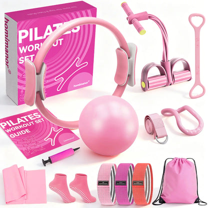 Homimanor Pilates Ring Set for Women Home Workout, Pilates Equipment Set for Beginners with 15'' Magic Circle, 9.8" Yoga Ball and Resistance Bands, Pilates Kit for Full Body Toning